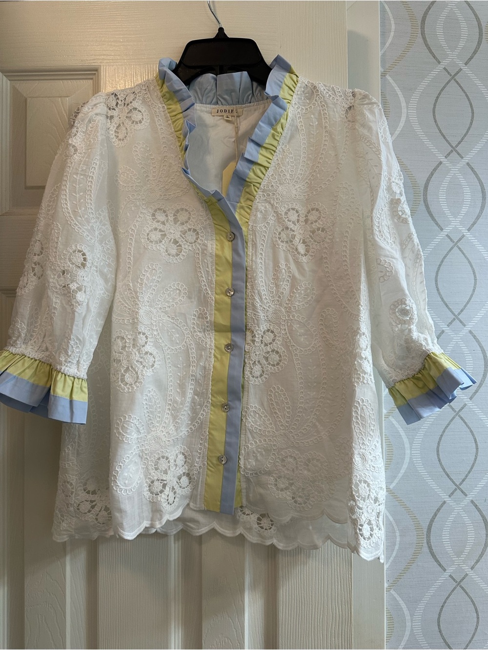 JODIFL White Eyelet Blouse with Blue & Yellow Ruffle Trim